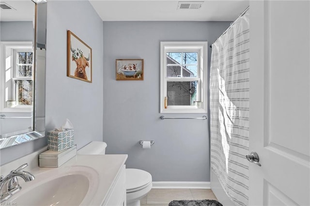 full bathroom featuring toilet, vanity, visible vents, and baseboards