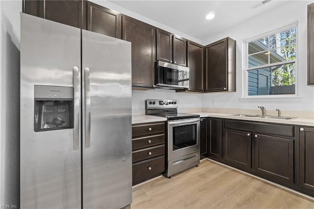 kitchen with stainless steel appliances, a sink, visible vents, light wood-style floors, and light countertops