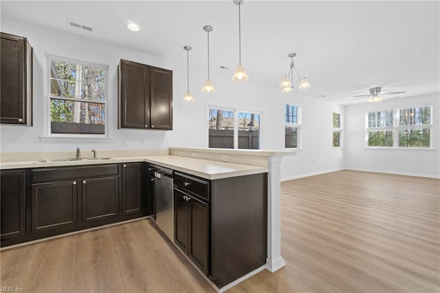 kitchen featuring hanging light fixtures, a peninsula, light countertops, and open floor plan