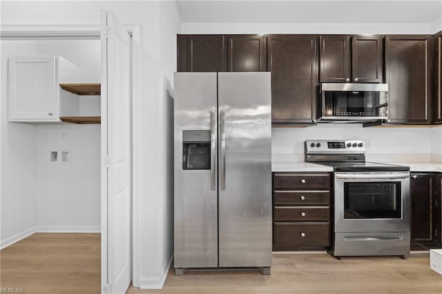 kitchen with light countertops, appliances with stainless steel finishes, light wood-style flooring, and dark brown cabinetry