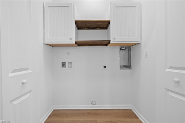 laundry room with baseboards, light wood-type flooring, hookup for a washing machine, and hookup for an electric dryer