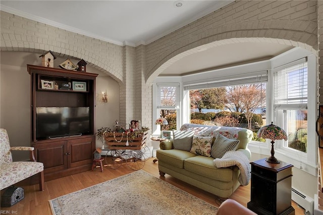 sitting room with a baseboard heating unit, brick wall, plenty of natural light, and light wood finished floors