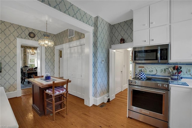 kitchen with white cabinets, wallpapered walls, and stainless steel appliances