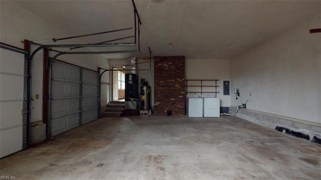 garage with water heater, washer / clothes dryer, electric panel, and heating unit