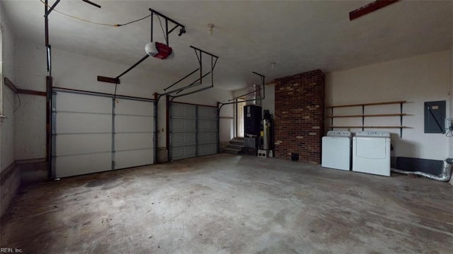 garage with a garage door opener, electric panel, and water heater