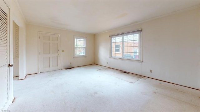 spare room featuring light colored carpet and crown molding