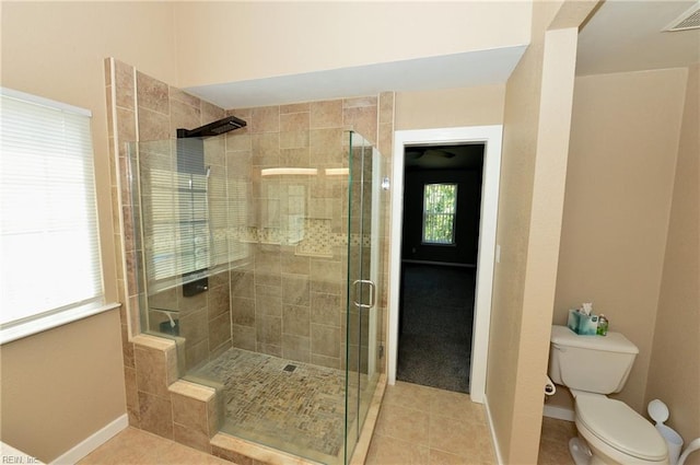 bathroom featuring toilet, a stall shower, tile patterned flooring, and visible vents