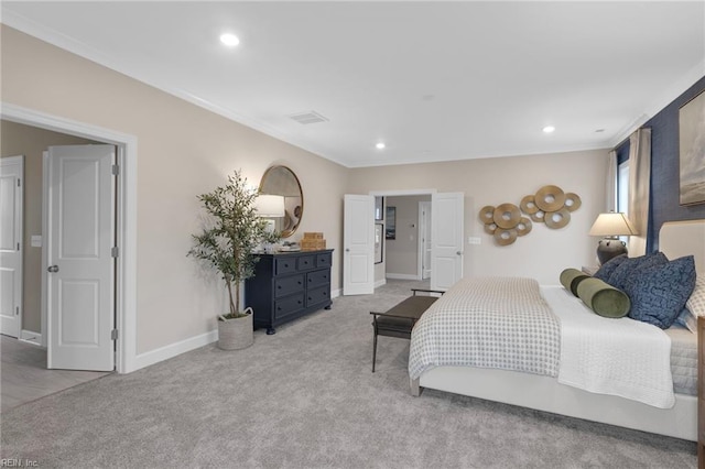 bedroom featuring light carpet, recessed lighting, visible vents, and baseboards