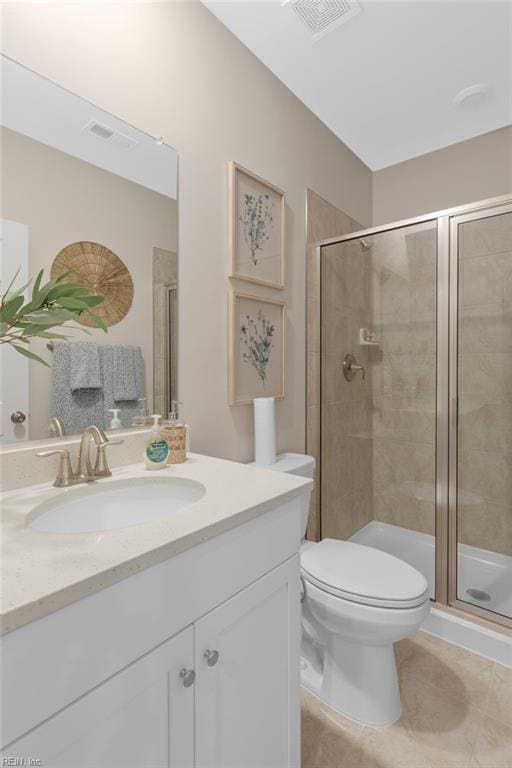 full bath with visible vents, a shower stall, toilet, and vanity