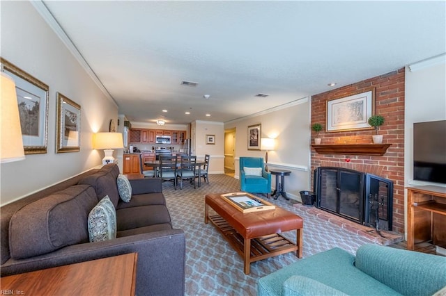 carpeted living room featuring a brick fireplace, visible vents, crown molding, and baseboards