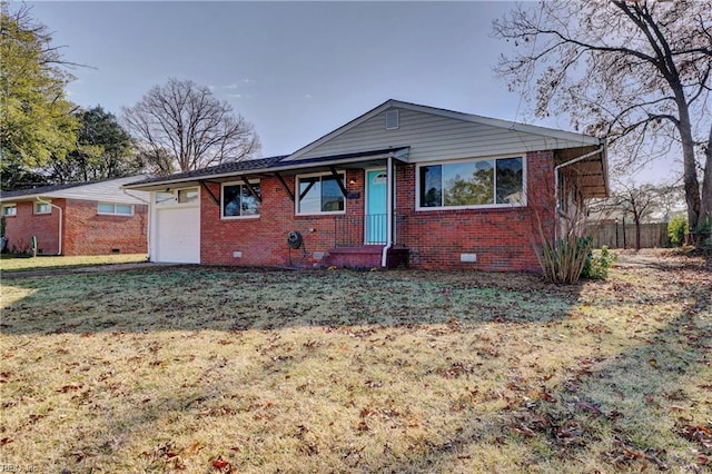 view of front facade with brick siding, crawl space, a front lawn, and fence