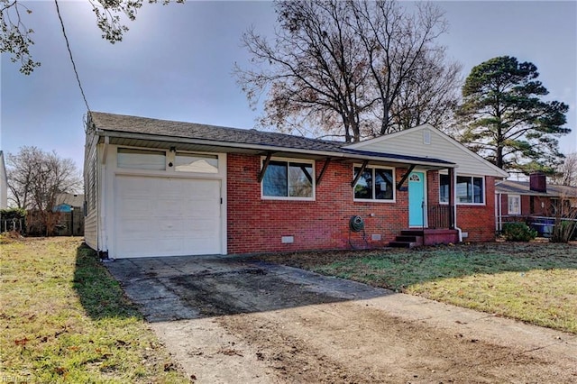 ranch-style house with a garage, driveway, brick siding, and a front yard