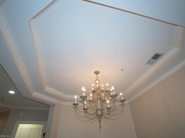 room details featuring ornamental molding, recessed lighting, visible vents, and an inviting chandelier