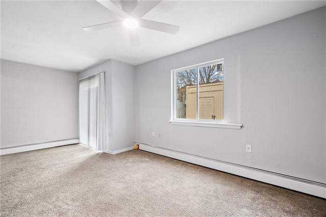 unfurnished room featuring carpet floors, a baseboard radiator, and ceiling fan