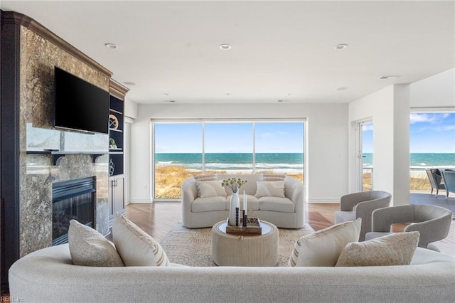 living room with a wealth of natural light, a water view, a beach view, and a premium fireplace