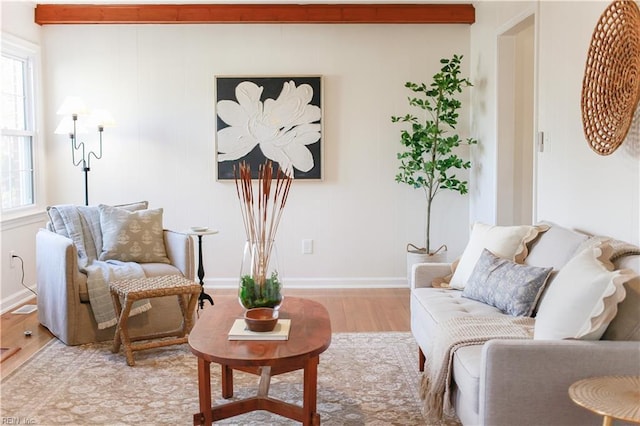 living area with baseboards and wood finished floors