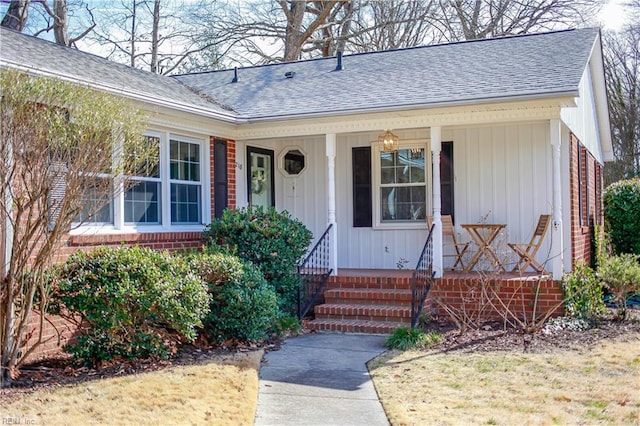 doorway to property featuring covered porch, roof with shingles, and brick siding