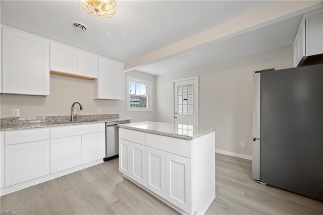 kitchen with stainless steel appliances, a sink, white cabinetry, visible vents, and a center island