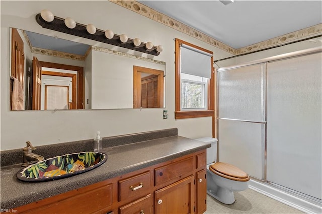 full bath featuring a shower stall, toilet, and vanity