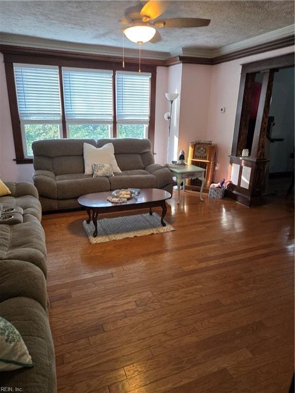 living area featuring a healthy amount of sunlight, a textured ceiling, ornamental molding, and wood finished floors