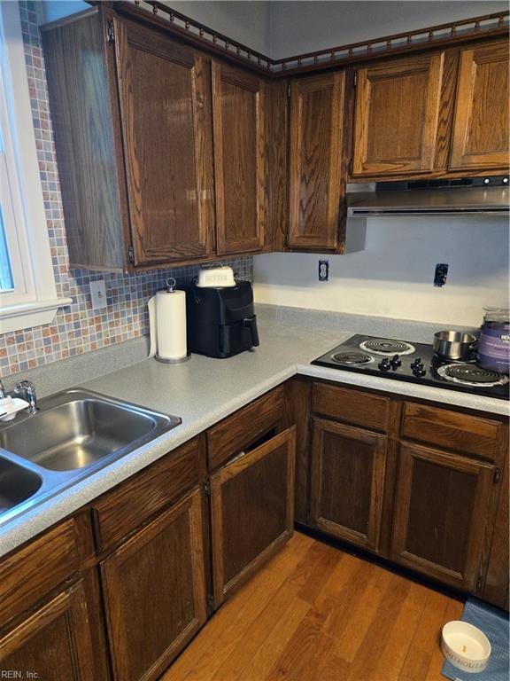 kitchen with light wood-style floors, light countertops, a sink, and under cabinet range hood