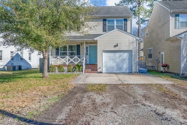 traditional home with a garage, covered porch, a front lawn, and concrete driveway