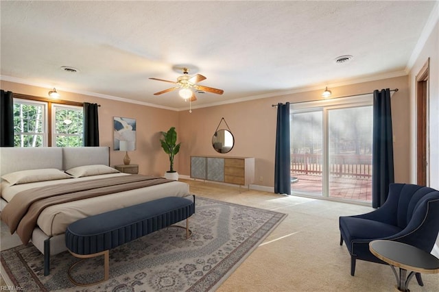 bedroom with light carpet, visible vents, baseboards, access to exterior, and crown molding