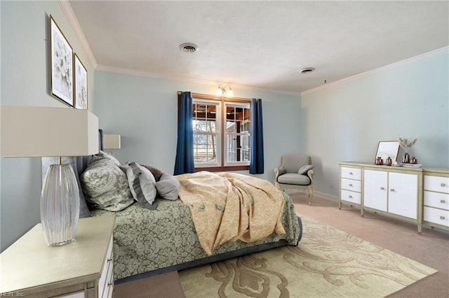 bedroom with baseboards, crown molding, and light colored carpet