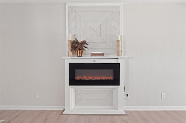 details featuring a lit fireplace, baseboards, and wood finished floors