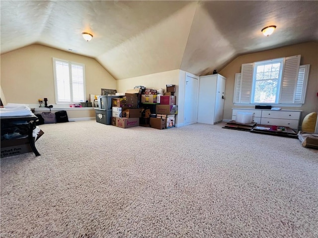 bonus room with lofted ceiling and carpet flooring