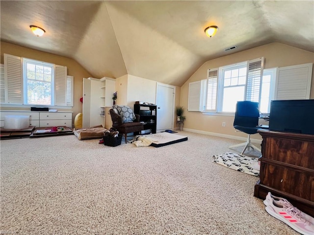 interior space featuring lofted ceiling, baseboards, and visible vents