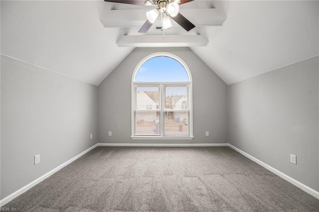 additional living space with a ceiling fan, carpet flooring, vaulted ceiling with beams, and baseboards