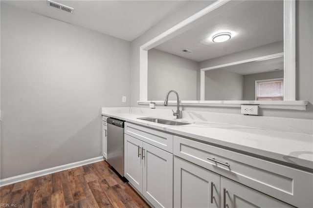 kitchen featuring light countertops, visible vents, white cabinets, a sink, and dishwasher