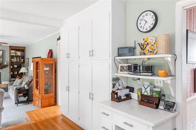 interior space featuring white cabinets, ceiling fan, light countertops, and crown molding