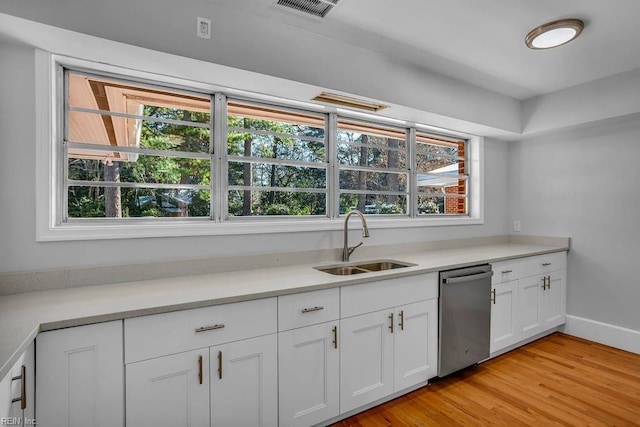 kitchen featuring light countertops, visible vents, white cabinets, a sink, and dishwasher