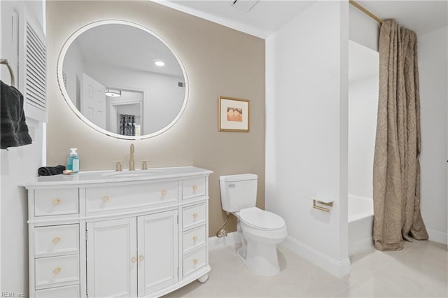 bathroom featuring baseboards, toilet, tile patterned flooring, shower / bath combination with curtain, and vanity