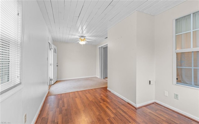 spare room with wood ceiling, dark wood-style flooring, and baseboards