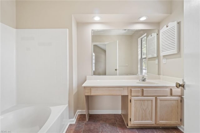 bathroom featuring recessed lighting, shower / tub combination, vanity, and baseboards