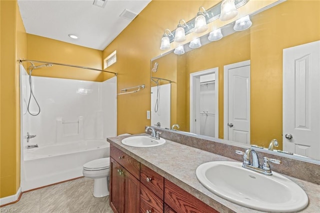 full bath with toilet, double vanity, a sink, and bathing tub / shower combination