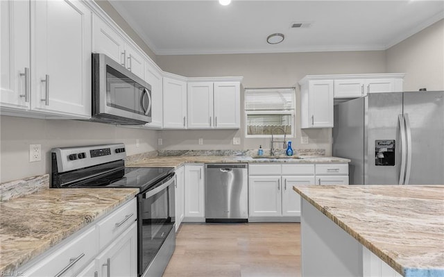 kitchen featuring a sink, visible vents, white cabinets, ornamental molding, and appliances with stainless steel finishes