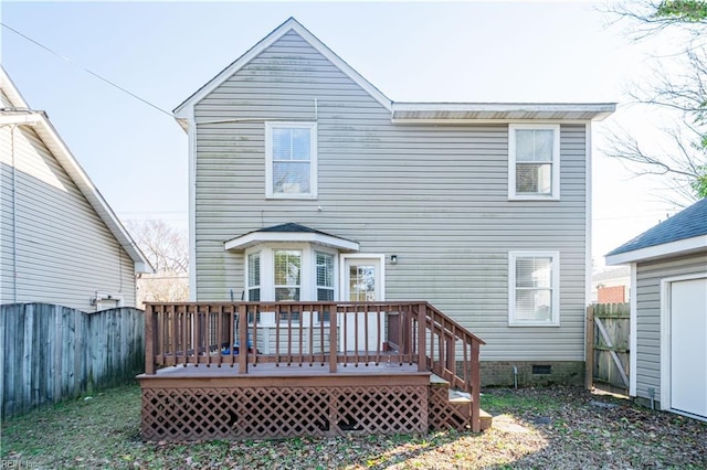 rear view of house with crawl space, a fenced backyard, and a wooden deck