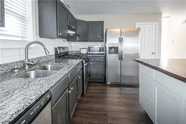 kitchen featuring stainless steel appliances, tasteful backsplash, a sink, and dark wood finished floors