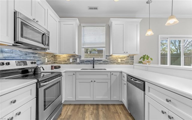 kitchen featuring stainless steel appliances, visible vents, ornamental molding, white cabinets, and a sink