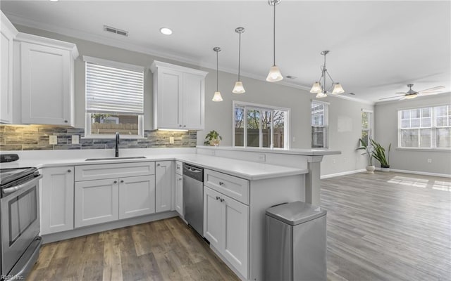 kitchen featuring stainless steel appliances, a peninsula, a sink, and crown molding