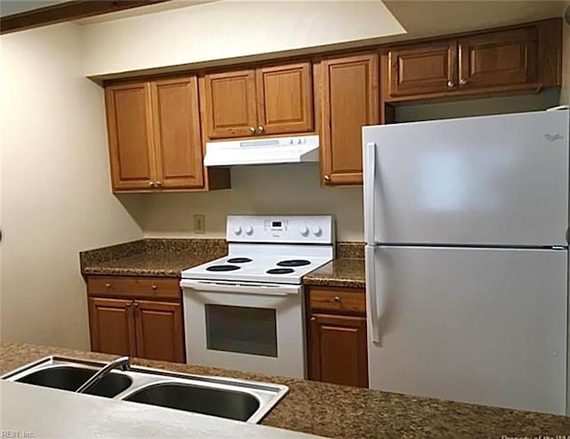 kitchen with white appliances, brown cabinets, a sink, and under cabinet range hood