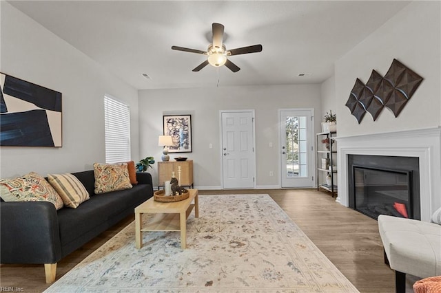 living room featuring a glass covered fireplace, wood finished floors, a wealth of natural light, and baseboards