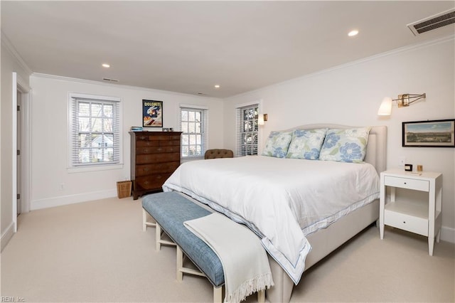 bedroom featuring recessed lighting, light carpet, visible vents, baseboards, and ornamental molding