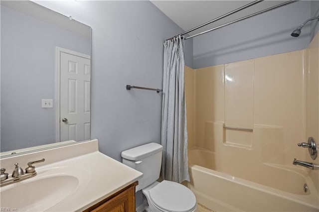 bathroom featuring shower / bath combination with curtain, vanity, and toilet