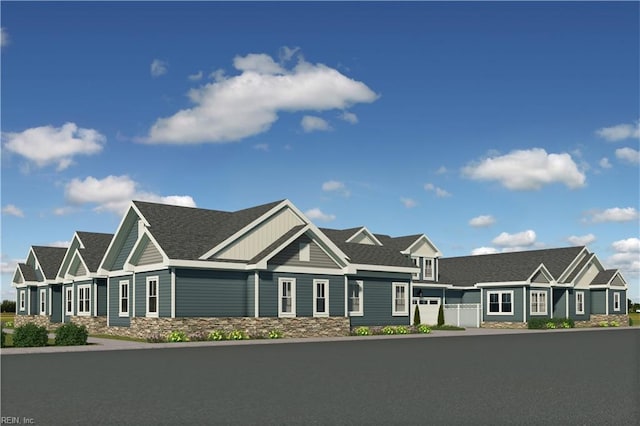 craftsman house with stone siding, a residential view, and board and batten siding