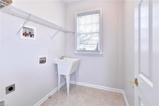 laundry area with hookup for an electric dryer, laundry area, washer hookup, baseboards, and light floors